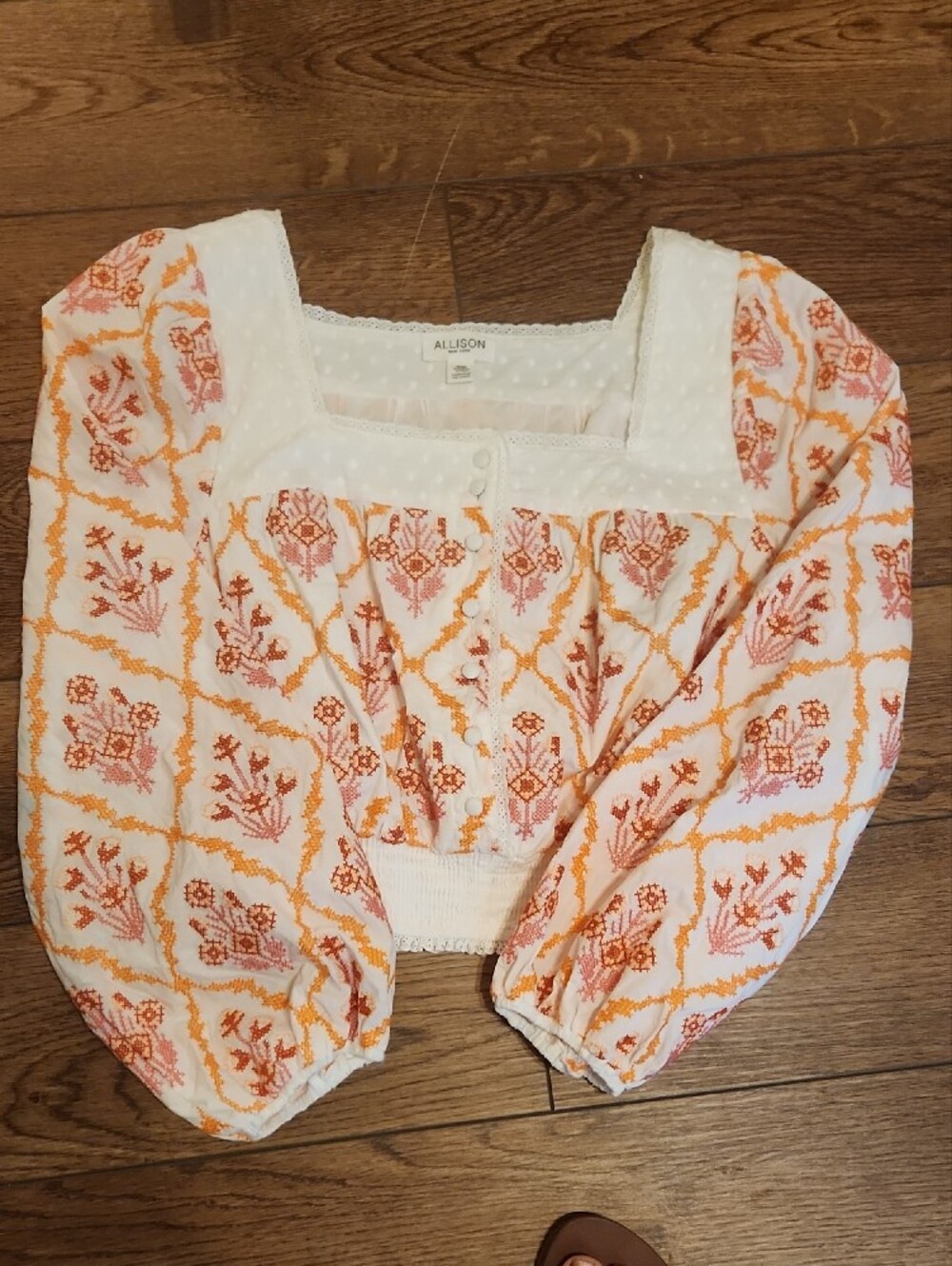 White Cropped Peasant Top with Pink And Orange Floral Print - Picture 2 of 11